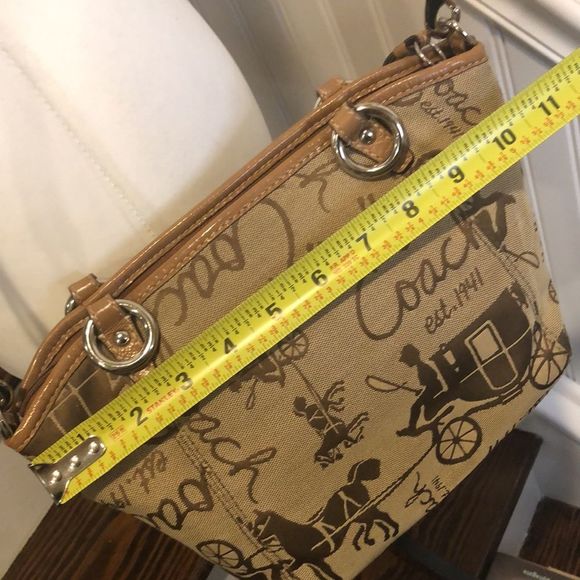 COACH Tan Horse Carriage Embroidered Canvas Brown Leather Crossbody Shoulder Bag - Picture 8 of 16